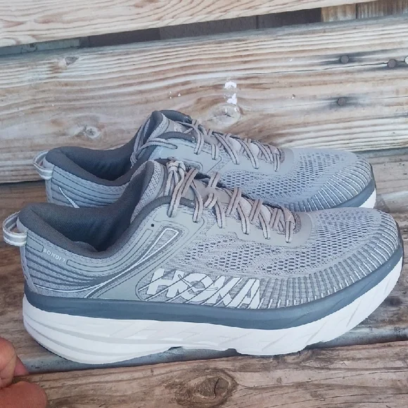 Hoka Bondi 7 Gray and White Athletic Shoes with Maximalist Cushioning - Picture 3 of 14